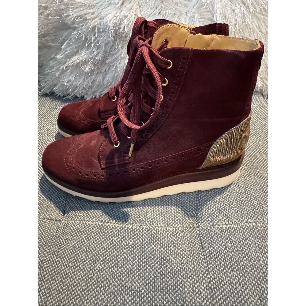 The Office of Angela Scott Mr Harrison maroon metallic suede bootie 37.5/7.5 wit - Picture 3 of 12